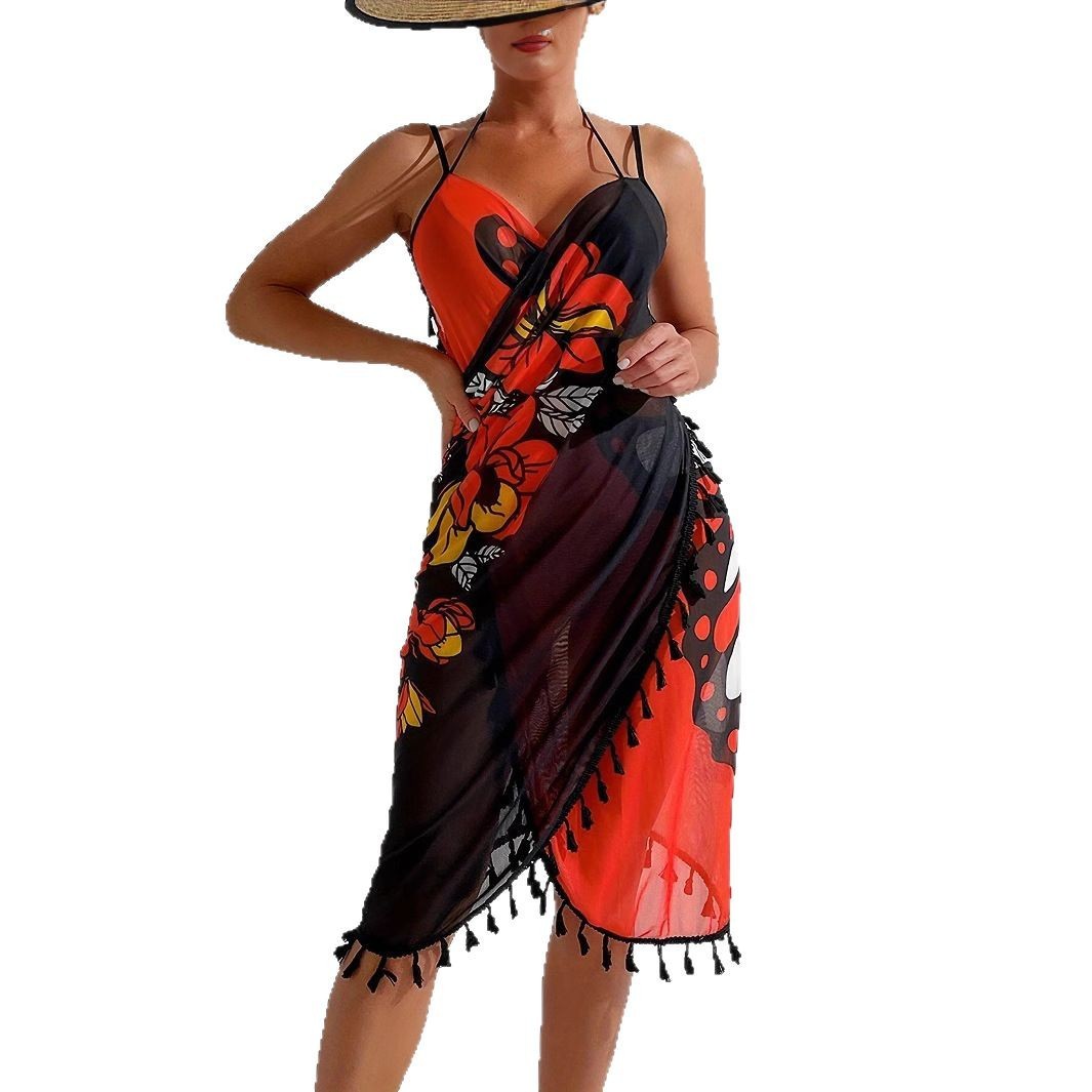 European And American Bikini Mesh Outerwear Butterfly Printed Sunscreen Beach Dress