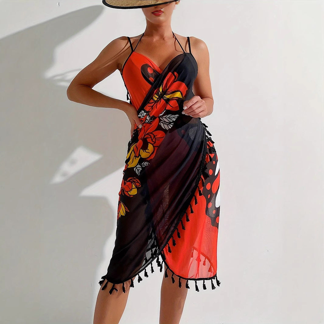 European And American Bikini Mesh Outerwear Butterfly Printed Sunscreen Beach Dress