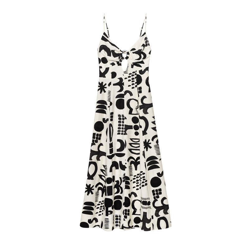Women's V-neck Swing Long Printed Sling Tube Top Sexy Dress