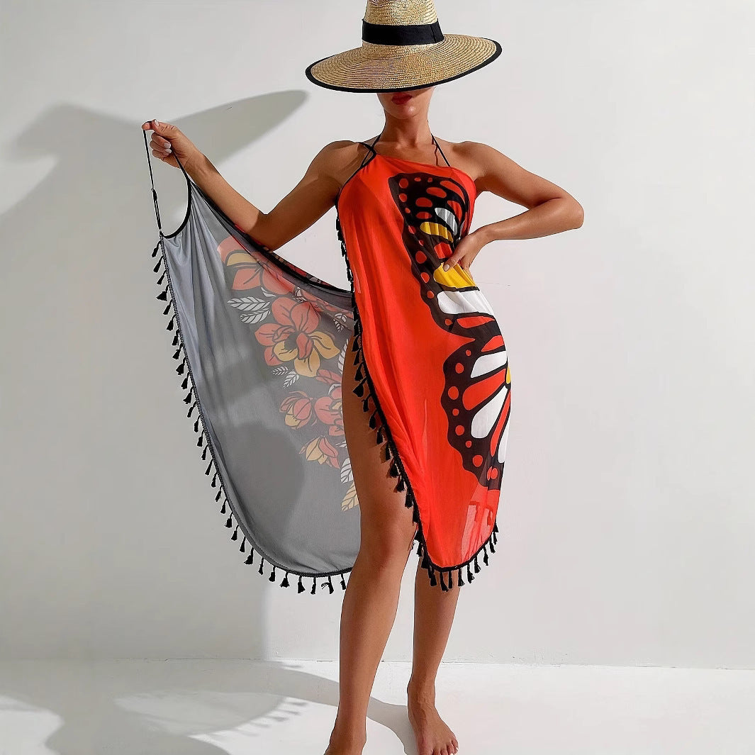 European And American Bikini Mesh Outerwear Butterfly Printed Sunscreen Beach Dress