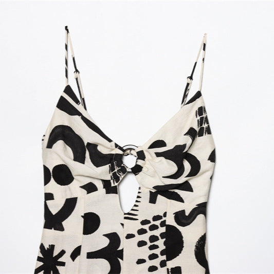 Women's V-neck Swing Long Printed Sling Tube Top Sexy Dress