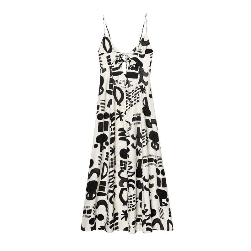 Women's V-neck Swing Long Printed Sling Tube Top Sexy Dress