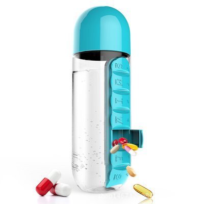 Bouteille D'eau de Stockage de Médicaments 2 en 1 - Bouteille D'eau avec Porte-pilules 7 Compartiments - Organisateur de Pilules Portable