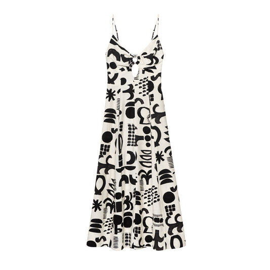 Women's V-neck Swing Long Printed Sling Tube Top Sexy Dress