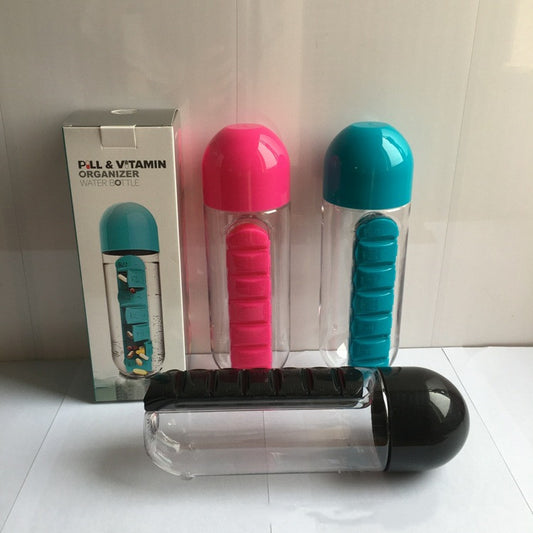 Bouteille D'eau de Stockage de Médicaments 2 en 1 - Bouteille D'eau avec Porte-pilules 7 Compartiments - Organisateur de Pilules Portable