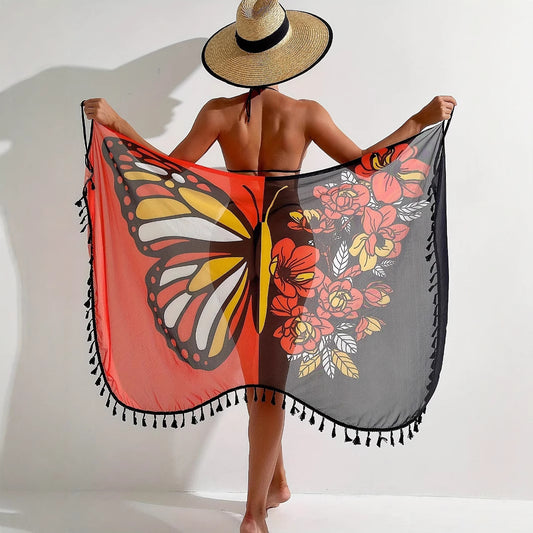 European And American Bikini Mesh Outerwear Butterfly Printed Sunscreen Beach Dress