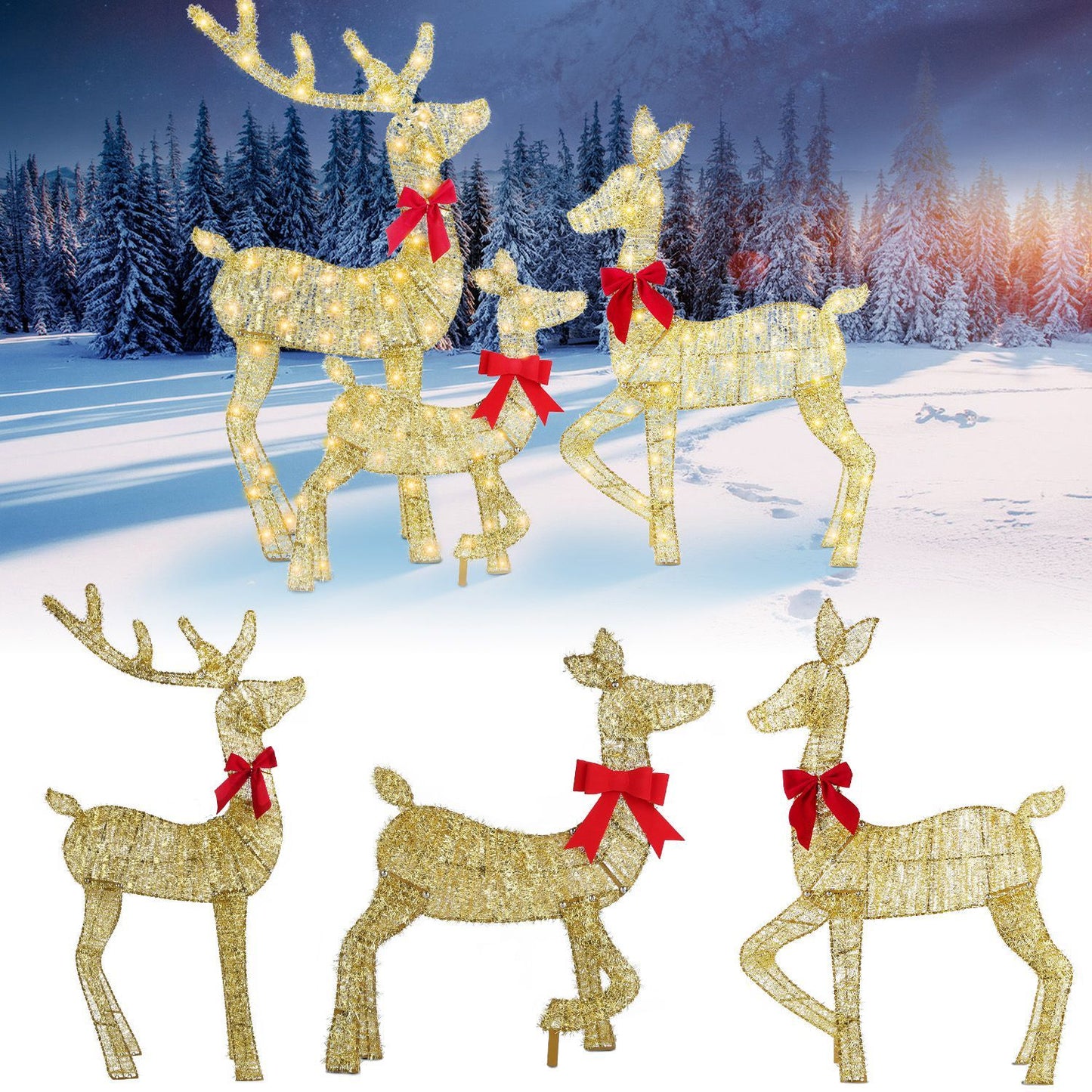 3Pcs In 1 Set 2D Lighted Christmas Deer Family Set Indoor Outdoor Light Up Reindeer Decorations Lighted Buck Doe Fawn Display With 8 Lighting Modes